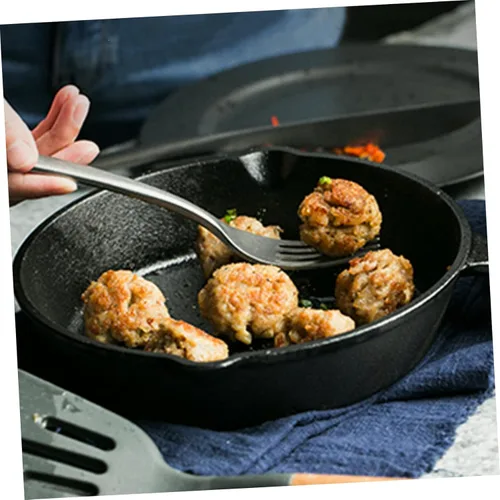 Vista 4 de Uonlytech Thickened Cast Iron Non-stick Frying Pan with Handle and Wooden Board Even Heat Distribution Steak Cooking Pan for Home Kitchen Utensil