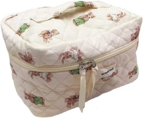 Alafime Bolsa de maquillaje kawaii con patrones de oso conejo, bolsa de almacenamiento para cosméticos, bolsa de aseo con cremallera estética