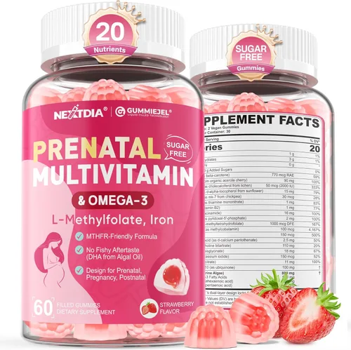 Vitaminas prenatales para mujeres, gomitas de metilfolato, 1 mg, Omega 3 DHA vegano de 800 mg, hierro, colina, yodo, vitamina D3 B6 B12,