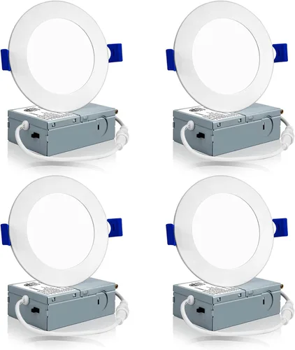 Meconard Paquete de 4 luces LED empotrables de techo de 4 pulgadas con caja de conexiones, 3000 K/4000 K/5000 K seleccionables, 9 W = 75 W 750 LM,