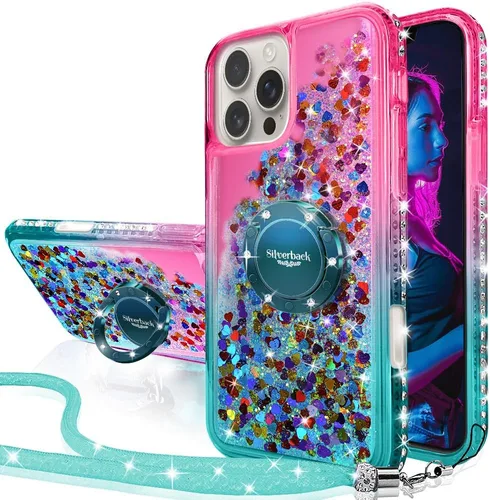 Vista 44 de Silverback Funda para iPhone 15, funda con purpurina holográfica líquida en movimiento con soporte, para niñas y mujeres, funda protectora