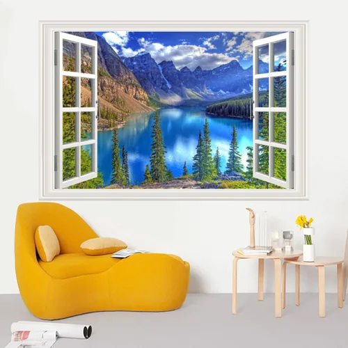 Vista 3 de Pintura autoadhesiva 3D, calcomanías de pared falsas para ventana, isla tropical con palmeras, mural de pared, vista de ventana, decoración de pared