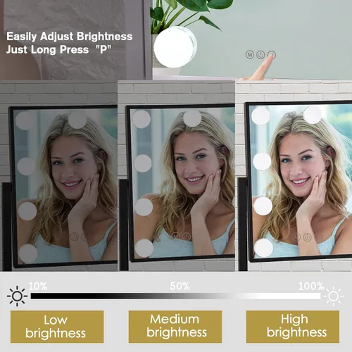 Vista 3 de Espejo de maquillaje iluminado Hollywood, espejo de tocador con luces, diseño de control táctil de 3 colores, bombillas LED regulables, aumento Negro