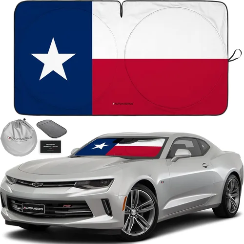 Vista 82 de Autoamerics Parasol para parabrisas de 1 pieza, diseño de camuflaje marrón con bandera estadounidense de Estados Unidos, parasol plegable