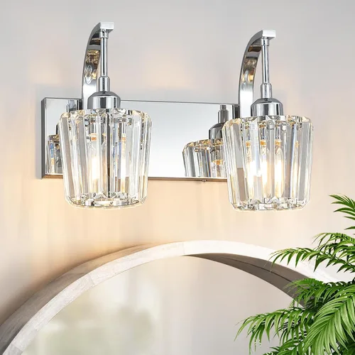 Vista 8 de Lámpara de tocador de cristal de 4 luces, aplique de pared de baño cromado moderno con pantallas de cristal K9, 32.67" de largo, iluminación sobre