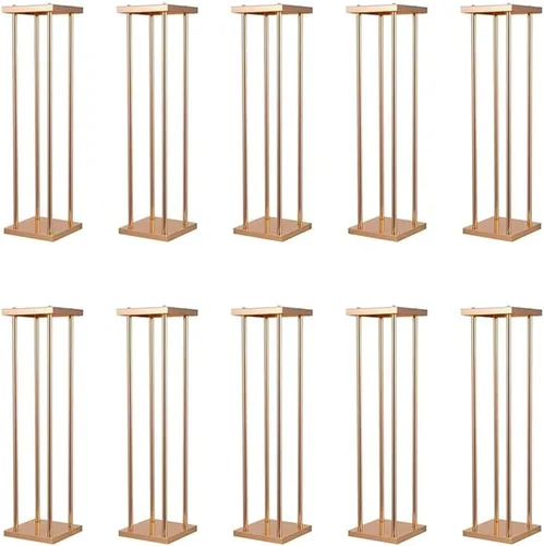 10 piezas de soporte de flores de boda soporte de metal para jarrón con platos, columna de metal dorado rectangular de 7.87 x 7.8 pulgadas, 7 x 31.5