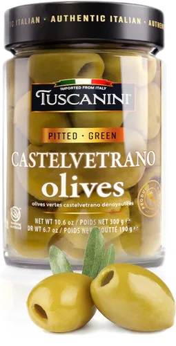 Tuscanini Aceitunas verdes castelvetrano italianas prémium sin hueso, 10.9 onzas, sabor suave y suave, importadas de Italia