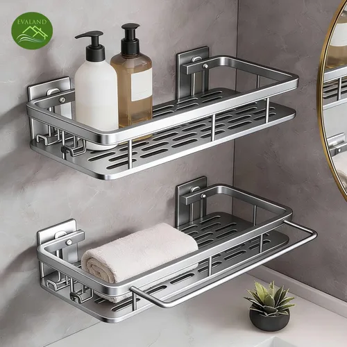 Vista 2 de EVALAND Shower Caddy Adhesive 2-Pack with Hooks and Rod for Towels, Silver – Premium Bathroom Shower Shelves, Shampoo Organizer, Bathtub Shelf