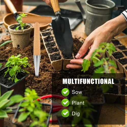 Vista 5 de XIHIRCD Dibber de mano con mango de madera, herramienta de jardinería Dibbler de acero inoxidable, perforador de agujero de cabeza de mano, maceta