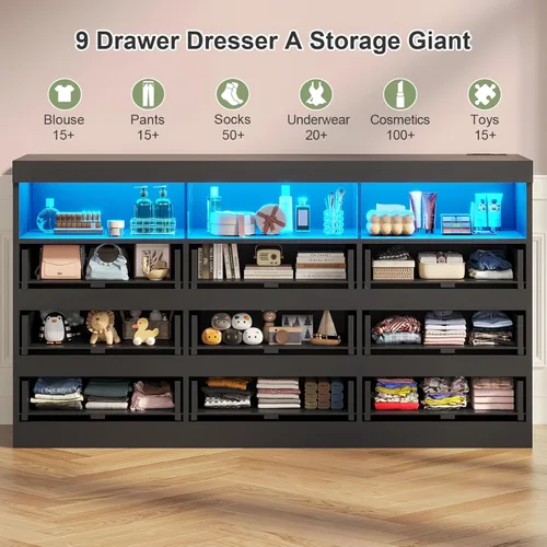 Vista 4 de BTHFST Cómoda de 9 cajones con luces RGB, toma de corriente y estantes abiertos, cómoda de madera de 56.7 pulgadas de ancho, sin asa para sala