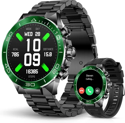 Vista 13 de SOUYIE Reloj inteligente para hombre con llamada Bluetooth, esfera redonda AMOLED de 1.43 pulgadas, bandas de acero inoxidable y silicona de lujo