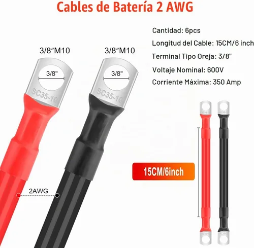 Vista 2 de Linkstyle 6 piezas de cables de batería de 2 AWG de 6 pulgadas, cables de inversor de batería de cobre puro de 2 calibres de 15 cm y 35 mm²