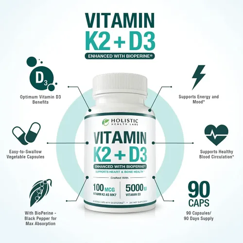 Vista 2 de Vitamina K2 + D3 de absorción máxima (5000UI), 90 cápsulas vegetales de MK-7 (Menaquinona-7) y colecalciferol (con BioPerina) Suministro de 3 meses