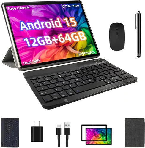 TUOHAITIME Tablet Android 15, 12GB+64GB+1TB Expand, paquete de tablet de 10" con funda para teclado, lápiz capacitivo, CPU octa-core, cámara dual,
