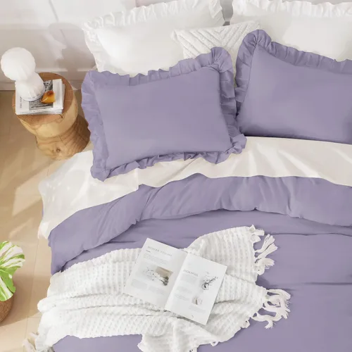 Vista 124 de Andency - Edredón beige con volantes tamaño individual, de 2 piezas, estilo rústico shabby clásico para niños, ligero y suave de microfibra