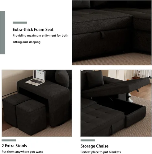 Vista 5 de Sofá cama modular modular modular en forma de L convertible de 3 plazas con diván de almacenamiento y 2 taburetes, juego de muebles reversibles