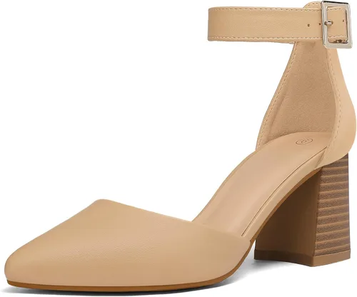 mysoft Zapatos de salón para mujer con punta puntiaguda, tacón bajo y grueso, punta cerrada, correa en el tobillo - Disponibles en tallas amplias
