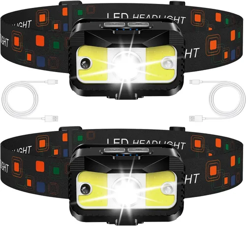 MIOISY Linterna frontal recargable, 1200 lúmenes, linterna LED ultra brillante con luz blanca y roja, paquete de 2 sensores de movimiento