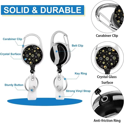 Vista 227 de Portatarjetas blanco con cordón para tarjetas de identificación, carrete retráctil negro con clip de mosquetón, tarjetero de identificación