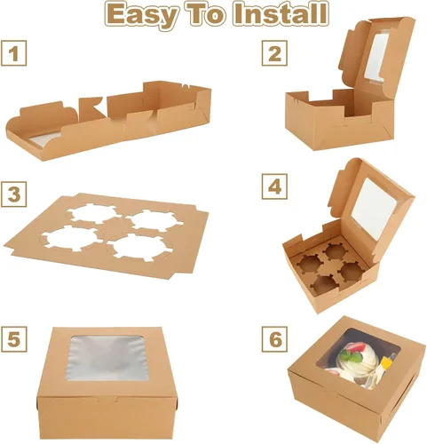 Vista 4 de 100 cajas para magdalenas, 4 recipientes para cupcakes, cajas de papel kraft marrón para cupcakes, cajas de golosinas con inserto, 4 cavidades