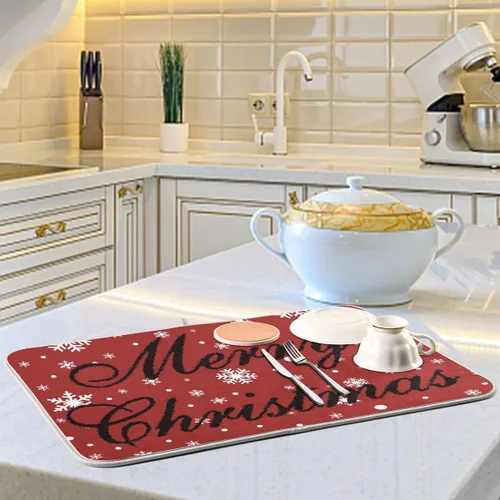 Vista 6 de Tapete de secado de platos rojo de Feliz Navidad para cocina, tapete de secado de microfibra blanca con copos de nieve, absorbente y reversible