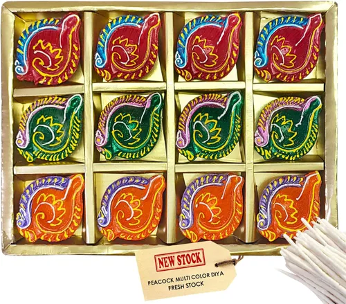 12 Pc Set of Diwali Gift/Decorations Clay Diya.Handmade Natural Earthen Oil Lamp/Welcome Traditional Diyas with Cotton Wicks Batti. Deepawali Diya