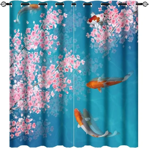 Vista 47 de Cortinas retro de pez japonés para dormitorio, estilo rústico, asiático, japonés, flor de cerezo, aislamiento térmico, oscurecimiento