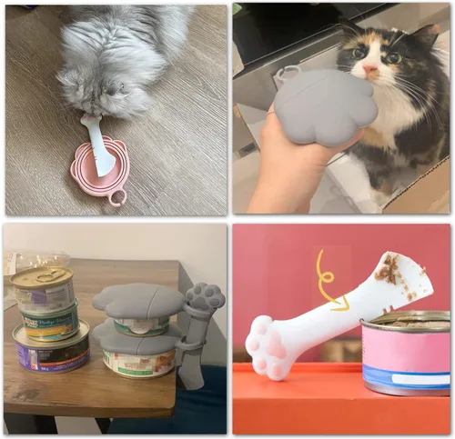 Vista 18 de Juego de 4 suministros de latas de comida para mascotas, tapas universales de silicona para latas de gatos, espátula 2 en 1, abridor de latas