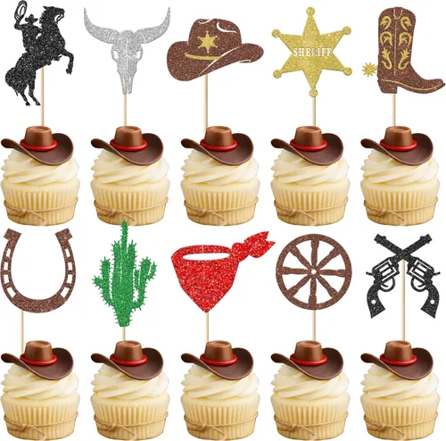 Rsstarxi Paquete de 30 adornos de vaquero para cupcakes con purpurina para zapatos de caballo de vaquero, botas, pistola, temática occidental,