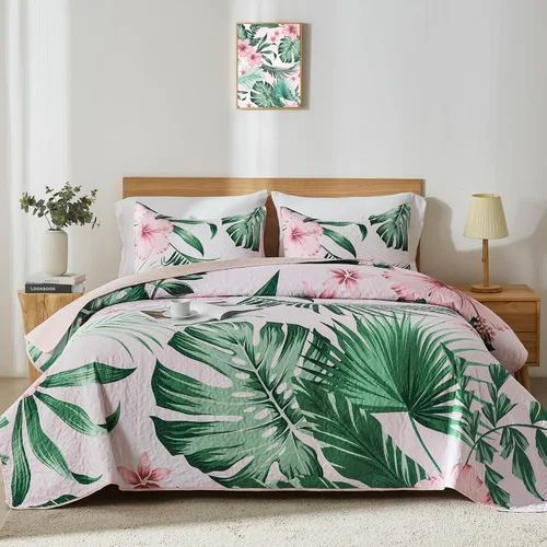 Vista 12 de Yogeneg Juego de ropa de cama Queen con patrón botánico verde y amarillo, juego de edredón blanco matrimonial/queen, colcha de verano ligera y suave