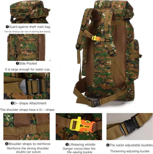 Vista 4 de Mochila de senderismo de 70 l para hombres impermeable militar camping mochila viaje mochila Verde Armada (ArmyGreen)