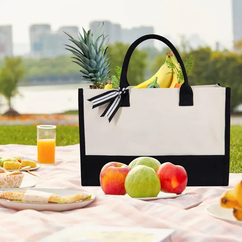 Vista 4 de Bolsa de playa de lona con inicial, personalizada, bolsa de regalo con monograma para mujer, Plain, M