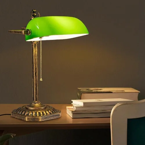 Vista 5 de Vintage Green Glass Shade Table Lamp Industrial Gold Iron Body Light Fixture with Pull Chain Desk