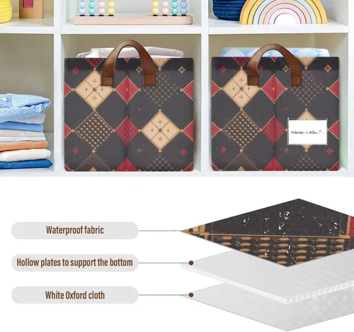 Vista 6 de Argyle Red Gold Decorative Shelf Baskets Foldable Organizer Bins with Handles Boxes Cube Organizer for Shelves Closet Toys Books 2 Pack
