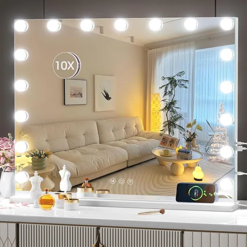 Vista 10 de Hasipu Espejo de tocador con luces, espejo Hollywood de 24 x 20 pulgadas, espejo de maquillaje con 17 bombillas regulables y aumento de 10X, 3 modos