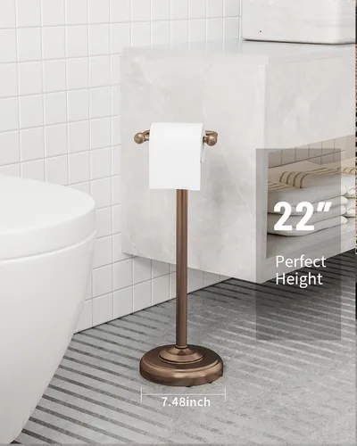 Vista 4 de Soporte de papel higiénico, soporte de papel higiénico de bronce de pie, diseño con poste pivotante y base pesada y estable de acero inoxidable