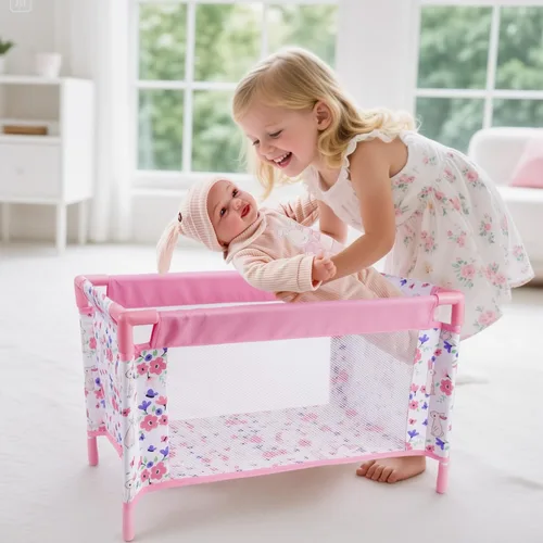 Vista 6 de Cuna para Muñecas Bebé Reborn, Cama de Muñeca para Bebés de 18 Pulgadas, Cuna de Juguete Extraíble para Corralito de Muñecas de Bebé, Accesorios