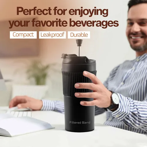 Vista 2 de Cafetera y tetera de acero inoxidable de doble pared aislada de 15 onzas, taza y vaso portátil para campamento, retención de calor, a prueba