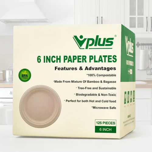 Vista 8 de Vplus Paquete de 125 platos de papel de 6 pulgadas, 100% compostables, platos de papel desechables de alta resistencia, bagazo, natural