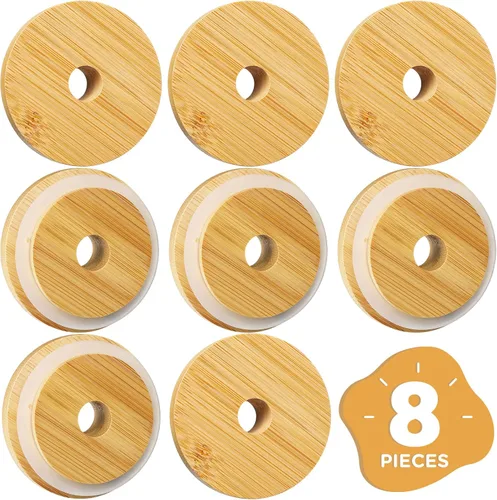 Vista 9 de Tapas de bambú para vasos de vidrio, tapas de madera para latas de cerveza de 16 oz con agujero para pajilla, cubierta de repuesto para tarros Mason