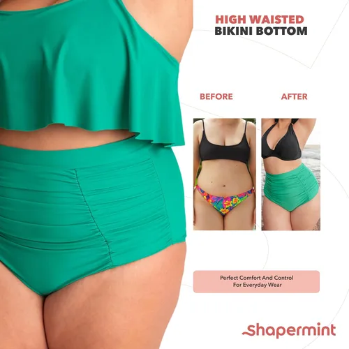 Vista 4 de SHAPERMINT Traje de baño de cintura alta para mujer, con control de abdomen, cobertura completa, talla S a grande
