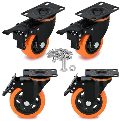 Vista 8 de Ruedas giratorias de 2 pulgadas con carga de 600 libras, ruedas de poliuretano naranja, ruedas giratorias de placa superior, juego de 4 ruedas