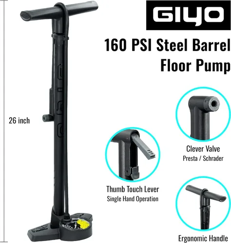 Vista 5 de GIYO Bomba de piso para bicicleta – Calibre de doble escala de 3 pulgadas – carretera y MTB Funcionamiento con una sola mano – Válvula inteligente