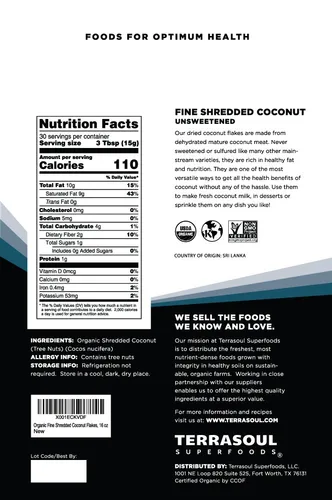 Vista 2 de Terrasoul Superfoods Copos de coco orgánicos, 16 onzas - Finamente rallado Corte de macarrón.