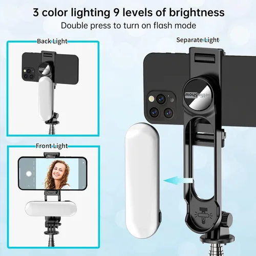 Vista 3 de Trípode estable para selfie stick con luz de relleno, palo selfie extensible de 44 pulgadas con control remoto inalámbrico y soporte de trípode