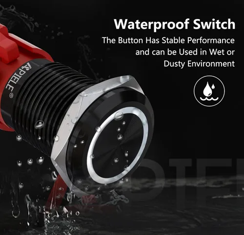 Vista 5 de APIELE - Interruptor de botón de cierre de 16mm, 12V, ojo de ángel LED, impermeable, redondo, autobloqueante, 1NO (aluminio negro, azul)