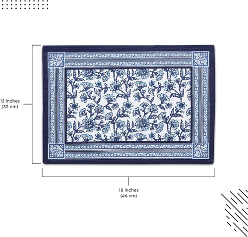 Vista 3 de Encasa XO Juego de 6 manteles individuales de lona de algodón con estampado de bloques índigo-02, 18 x 13 pulgadas, estampado a mano de Jaipur