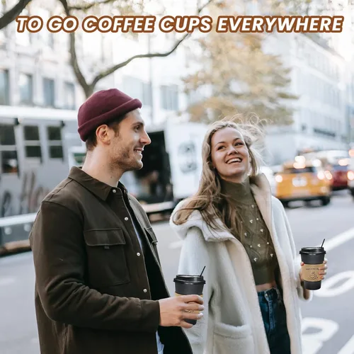 Vista 6 de AIRE Paquete de 100 tazas de café desechables de 16 onzas con tapas, fundas y pajitas para agitar, tazas de café de papel con tapas, tazas de café