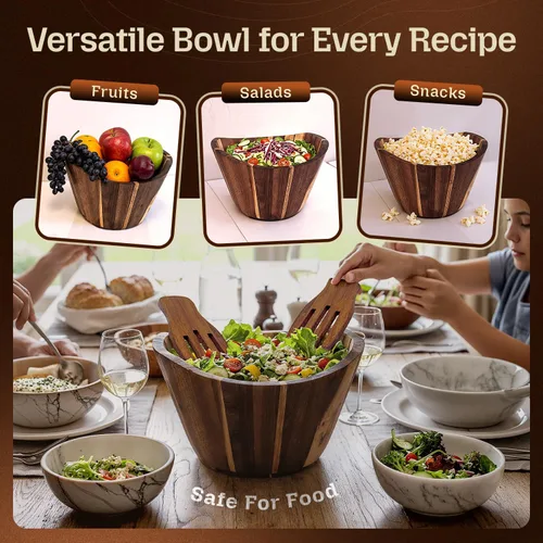 Vista 6 de Juego de ensaladera de madera de acacia con manos para servir, 10 pulgadas de diámetro, 6 pulgadas de altura, hecho a mano, tazón grande