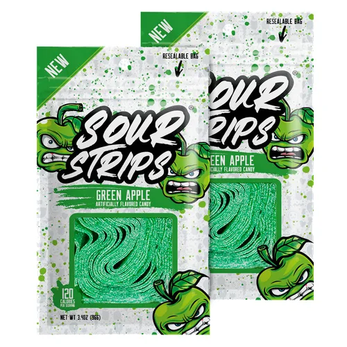 SOUR STRIPS Tiras de caramelo agrio con sabor a manzana, cinturones de caramelo masticable deliciosamente ácido, dulces vegetarianos, 12 tiras por